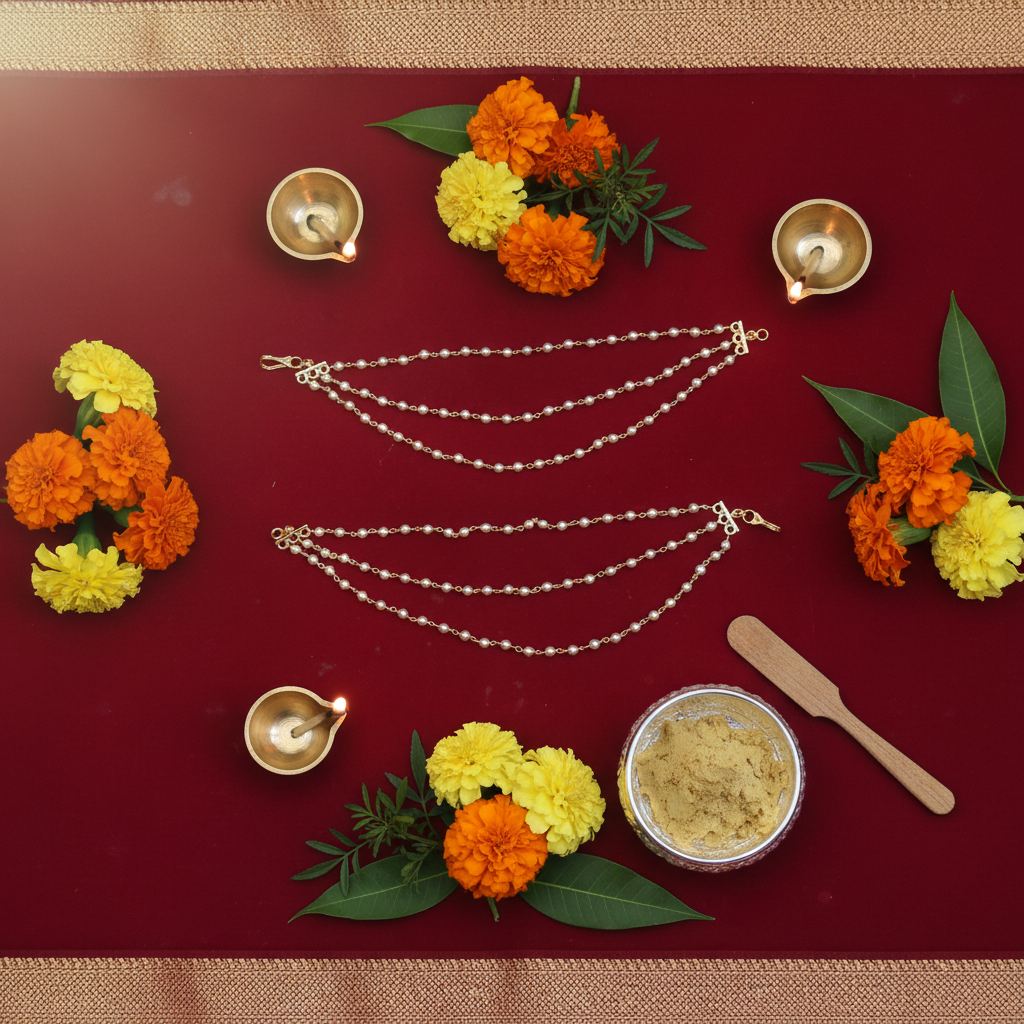 Cultural flat lay with pearl jewelry