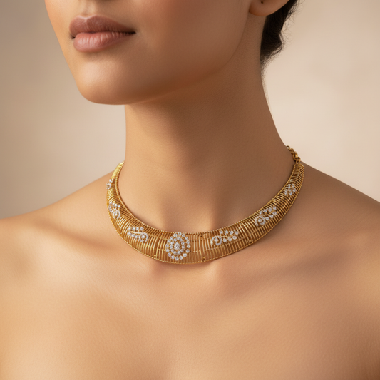 CZ Diamond Gold Choker On Model