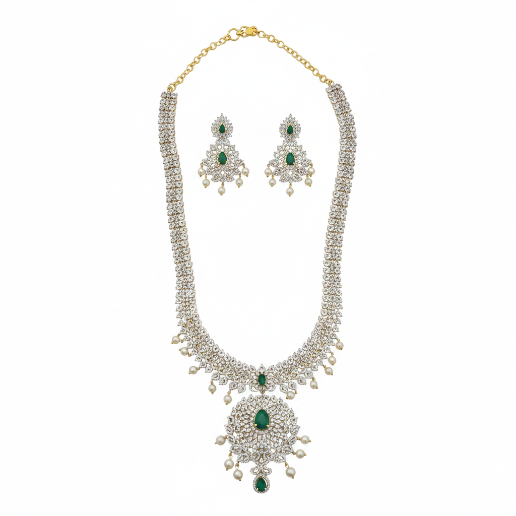 CZ Emerald Bridal Necklace Set – White Background