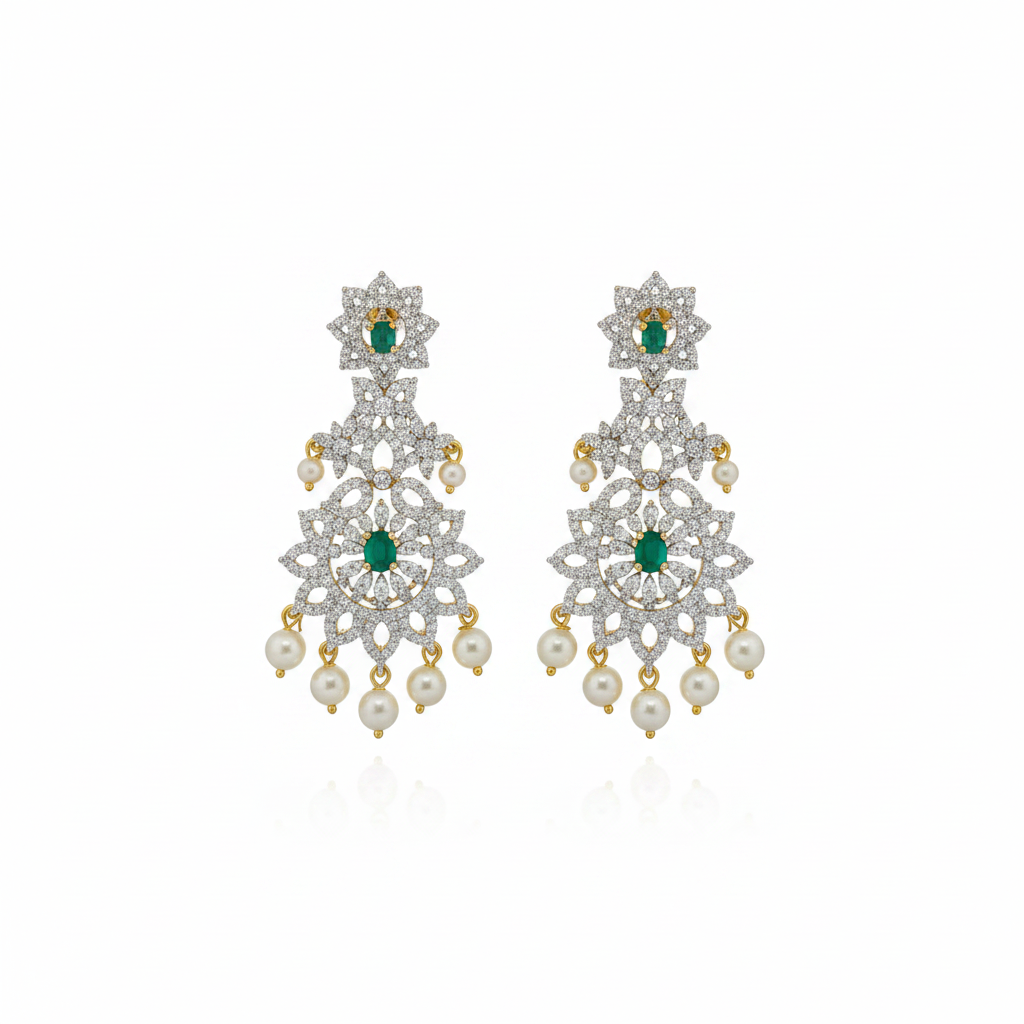CZ Emerald Chandelier Earrings White Background