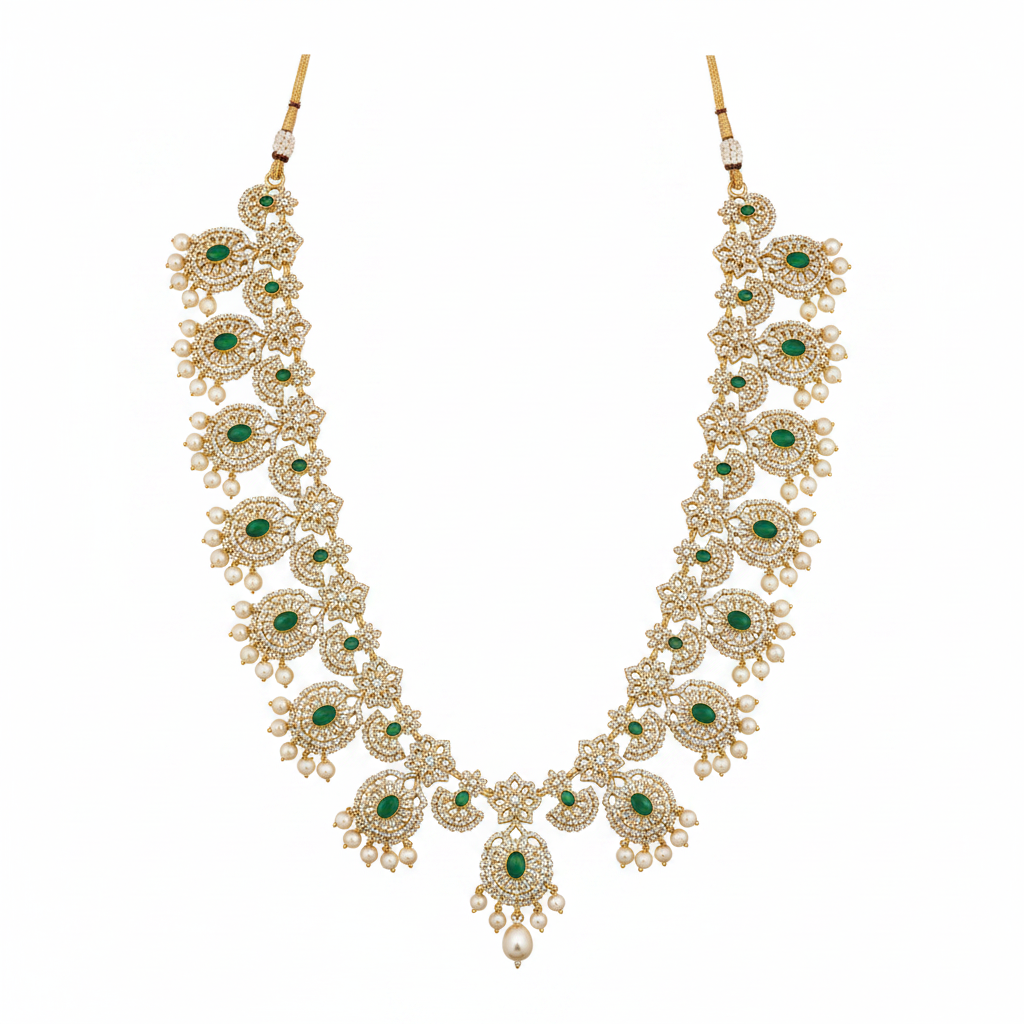 CZ Emerald Long Haram Necklace White Background