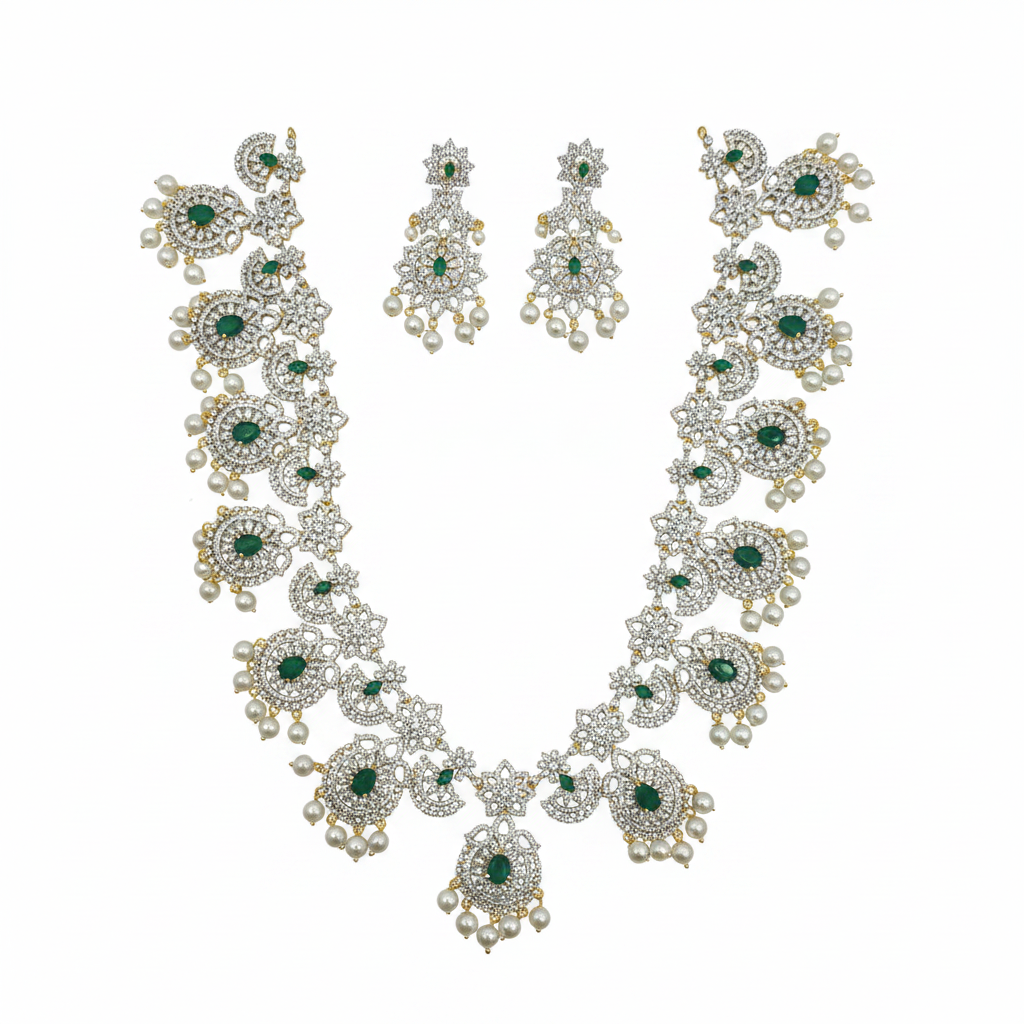 CZ Emerald Long Necklace Set White Background