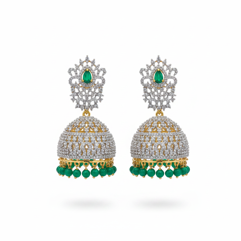 CZ Jhumka Earrings Green - White Background