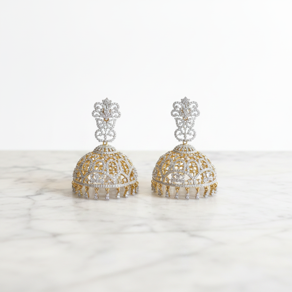 CZ Jhumka Earrings on White Marble