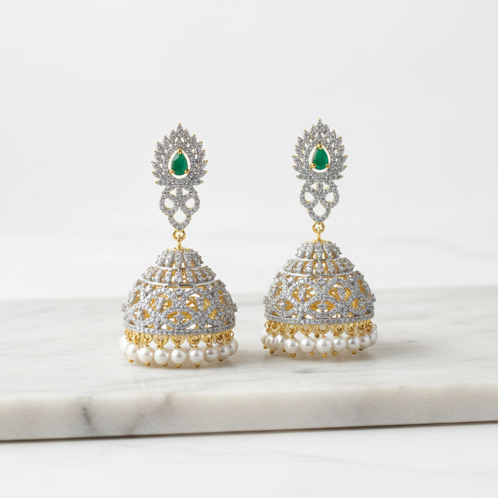 CZ Jhumka Emerald Green on White Marble