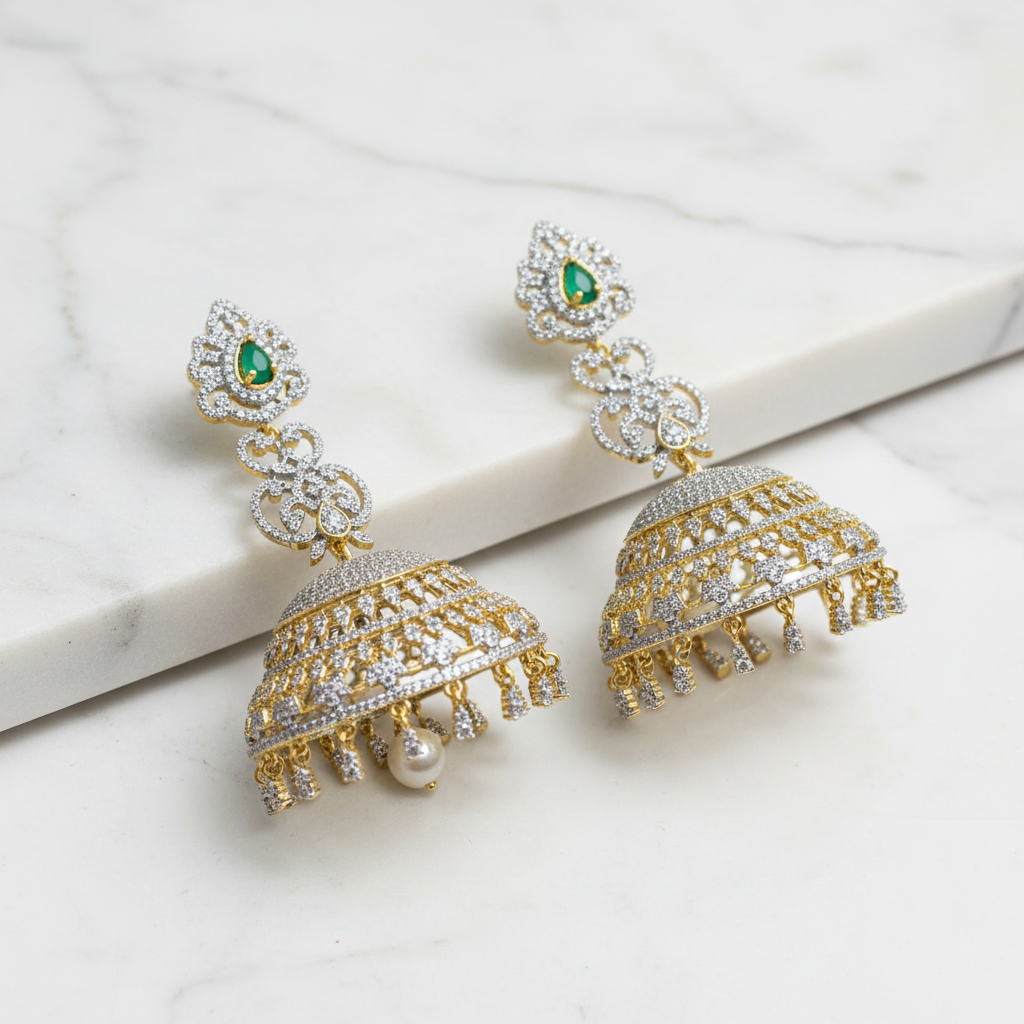 CZ Jhumka Emerald Green on White Marble