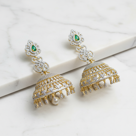 CZ Jhumka Emerald Green on White Marble
