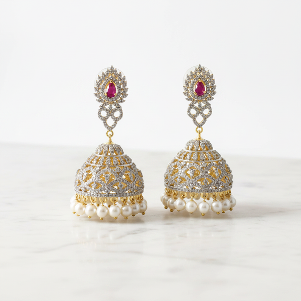 CZ Jhumka Ruby Pink on White Marble