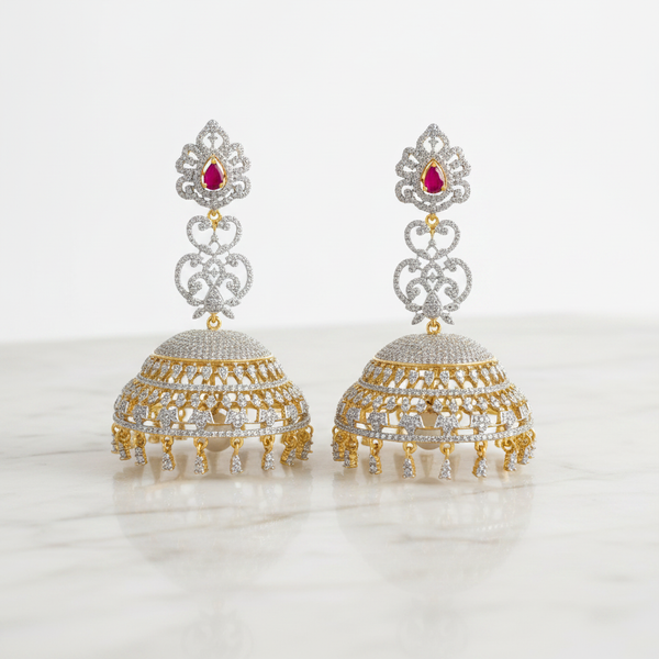 CZ Jhumka Ruby Red on White Marble