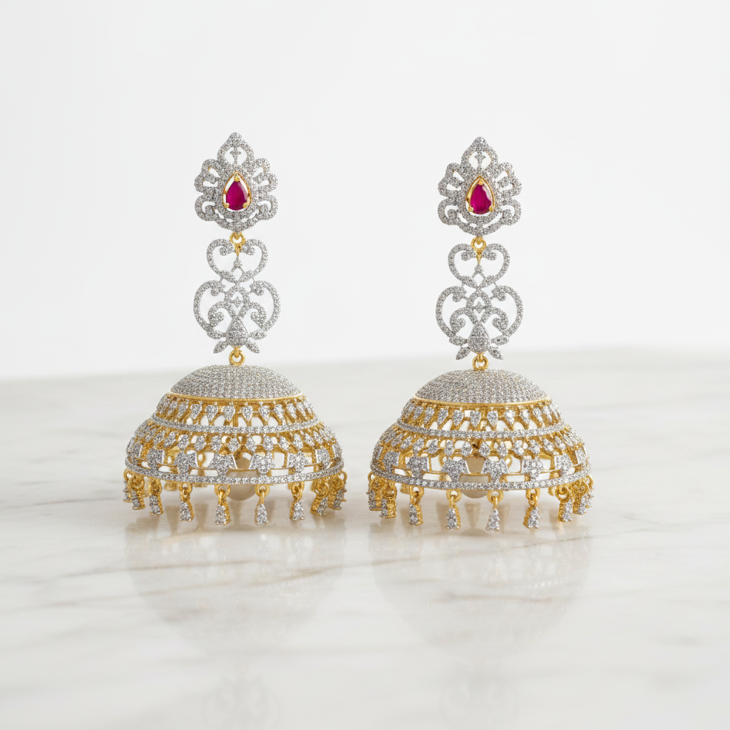 CZ Jhumka Ruby Red on White Marble