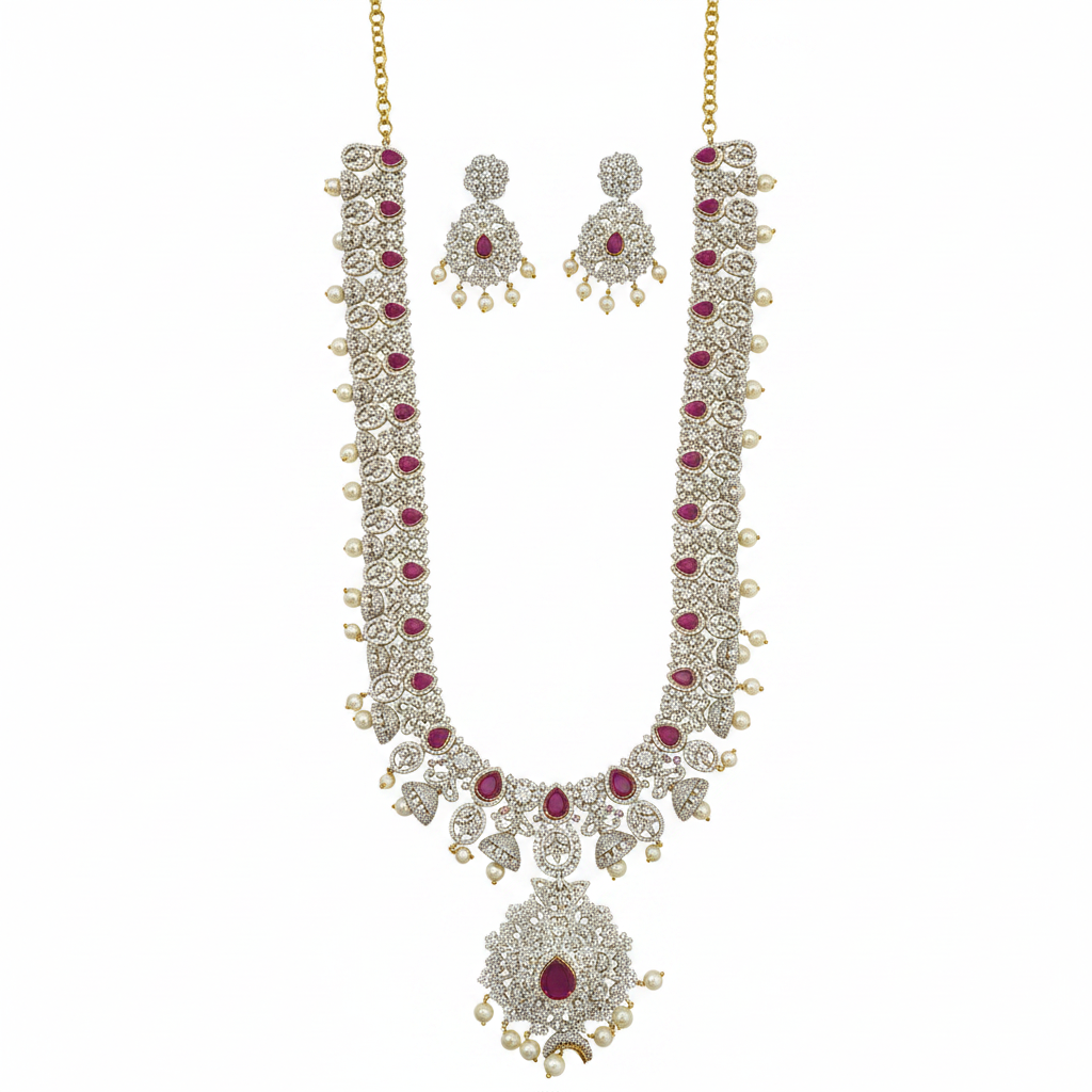 CZ Ruby Bridal Jewelry Set – White Background