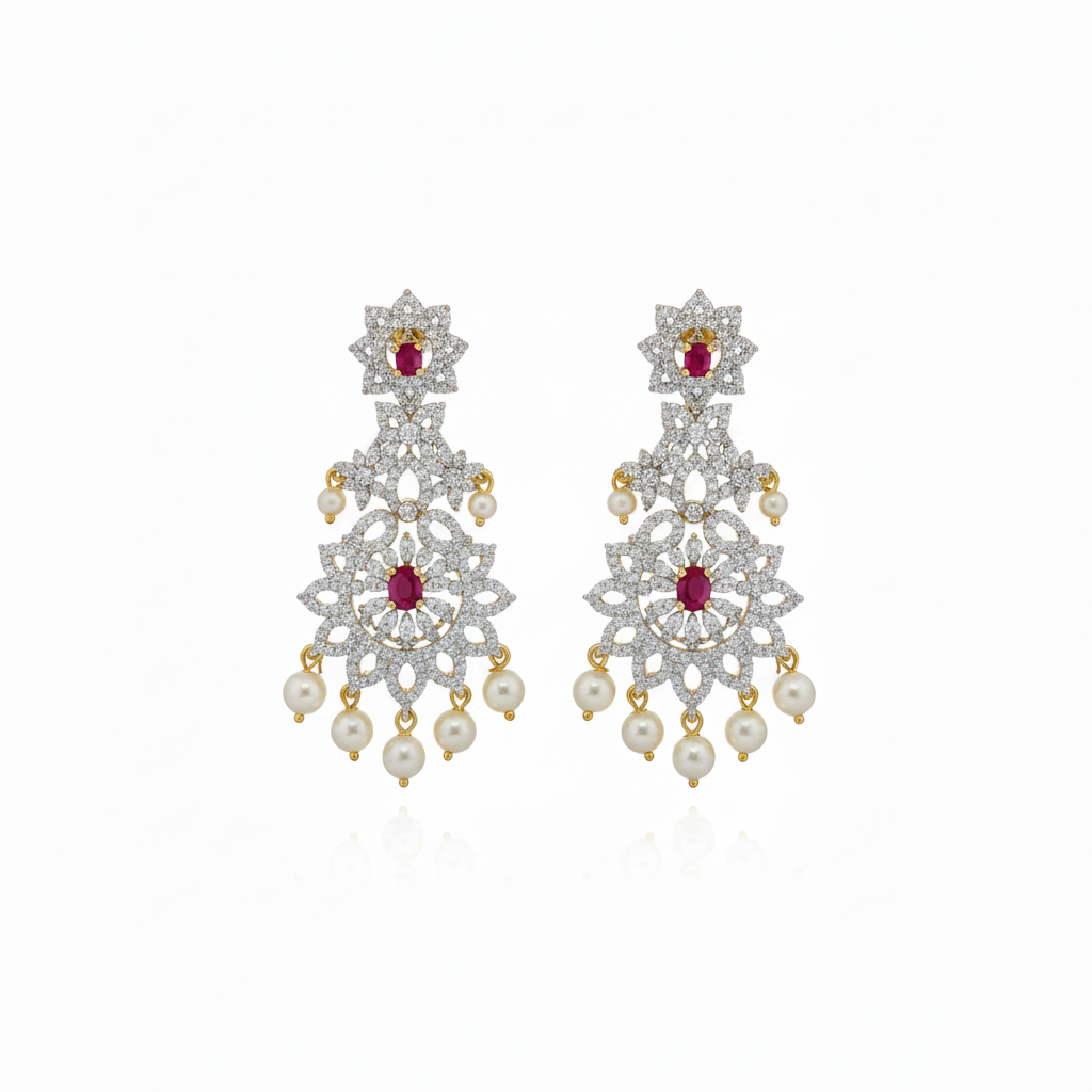 CZ Ruby Chandelier Earrings White Background