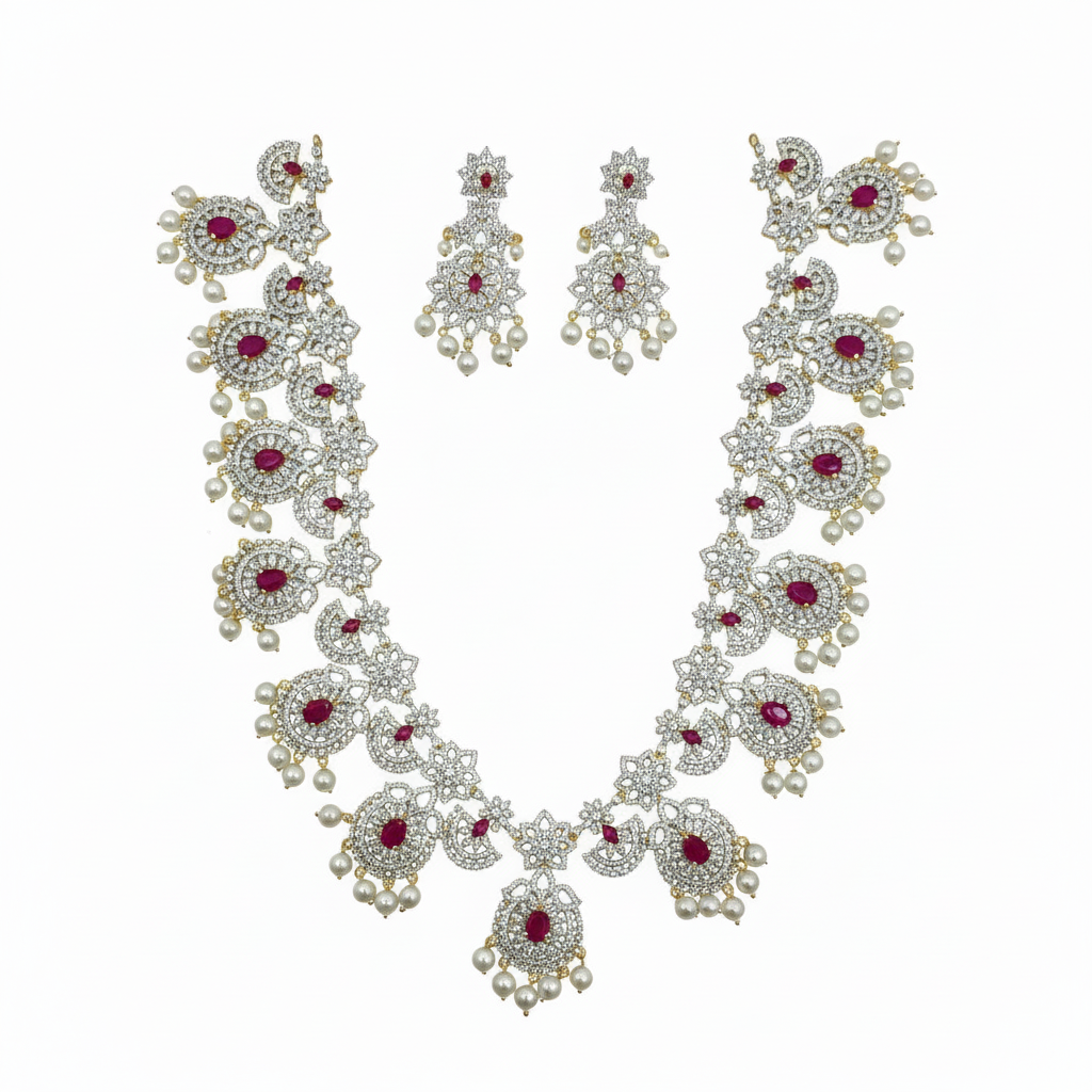 CZ Ruby Long Necklace Set White Background