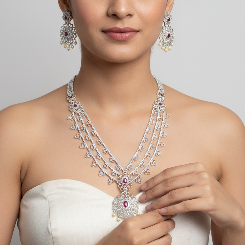 American Diamond & Ruby Step Haram with Jhumkas - Bridal Necklace Set