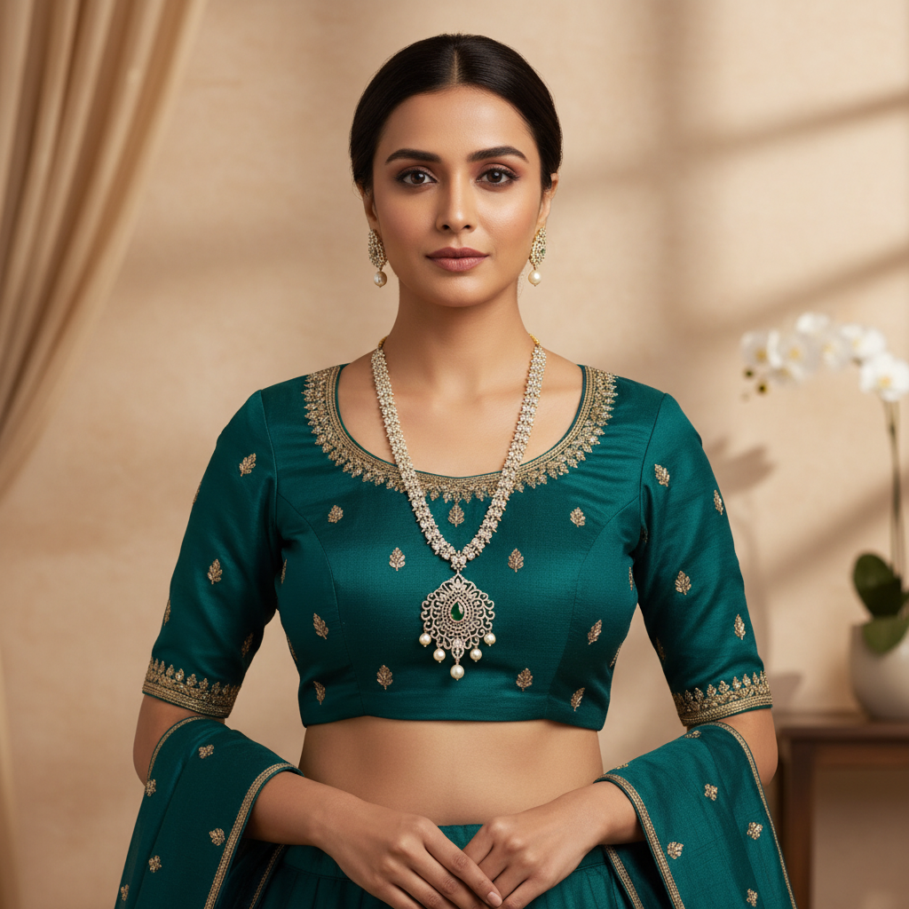 Delicate lifestyle photo of model wearing refined American diamond necklace