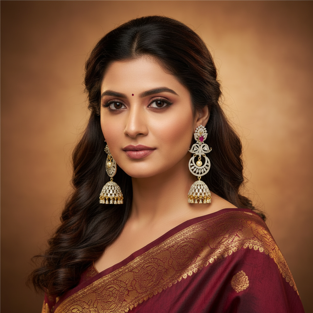 Diamond Chandbali Jhumka Ruby - Model Wear