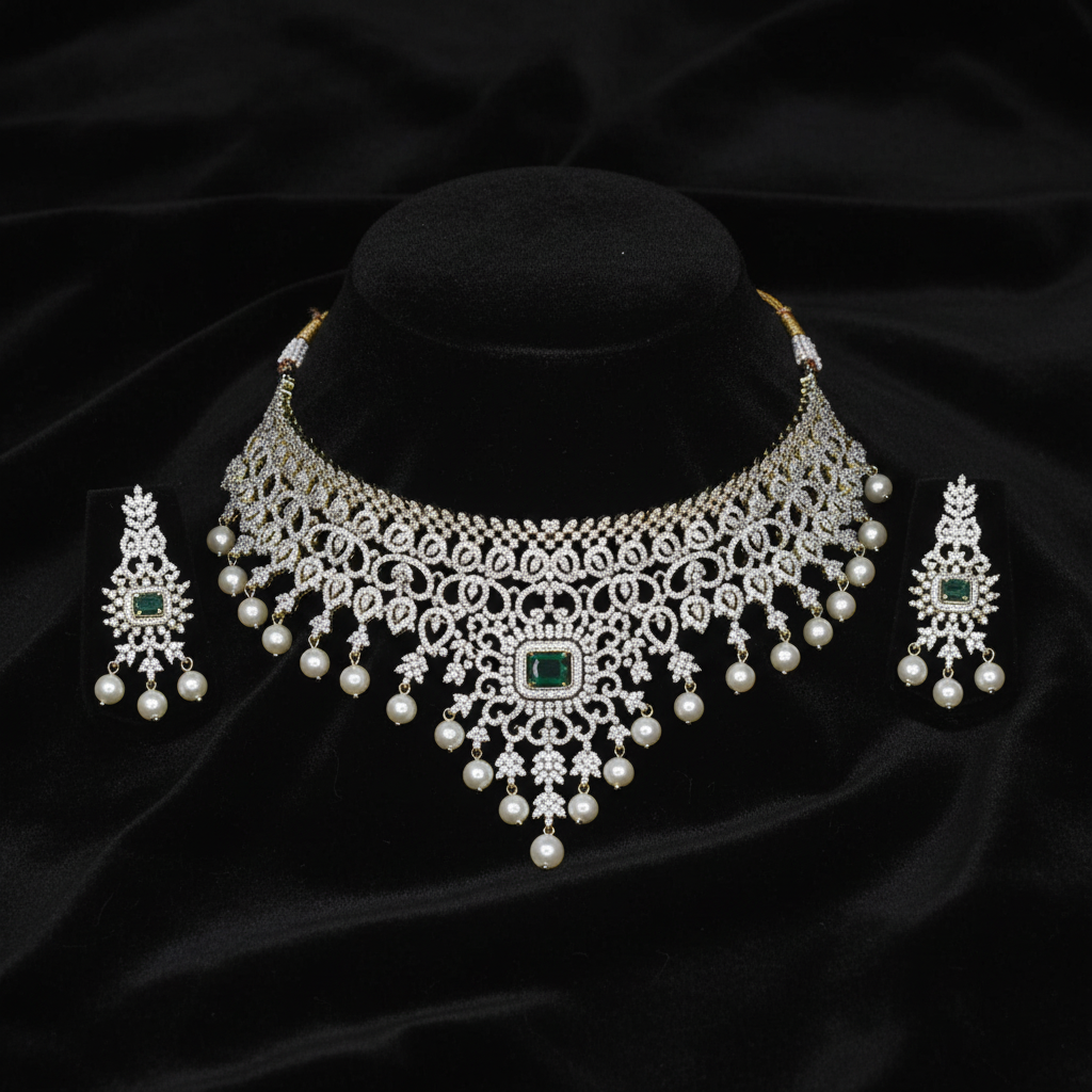 Diamond Pearl Necklace Emerald - Flat Lay