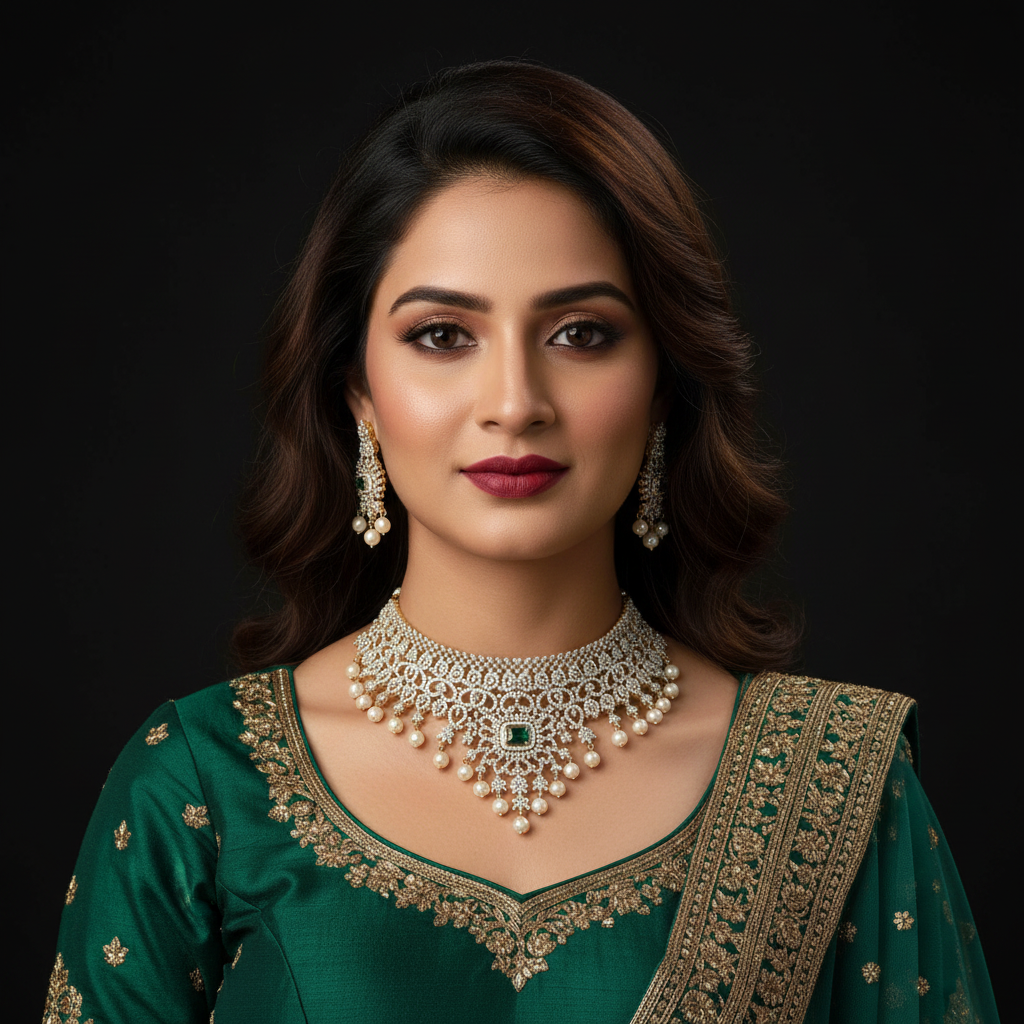 Diamond Pearl Necklace Emerald - Model Wear
