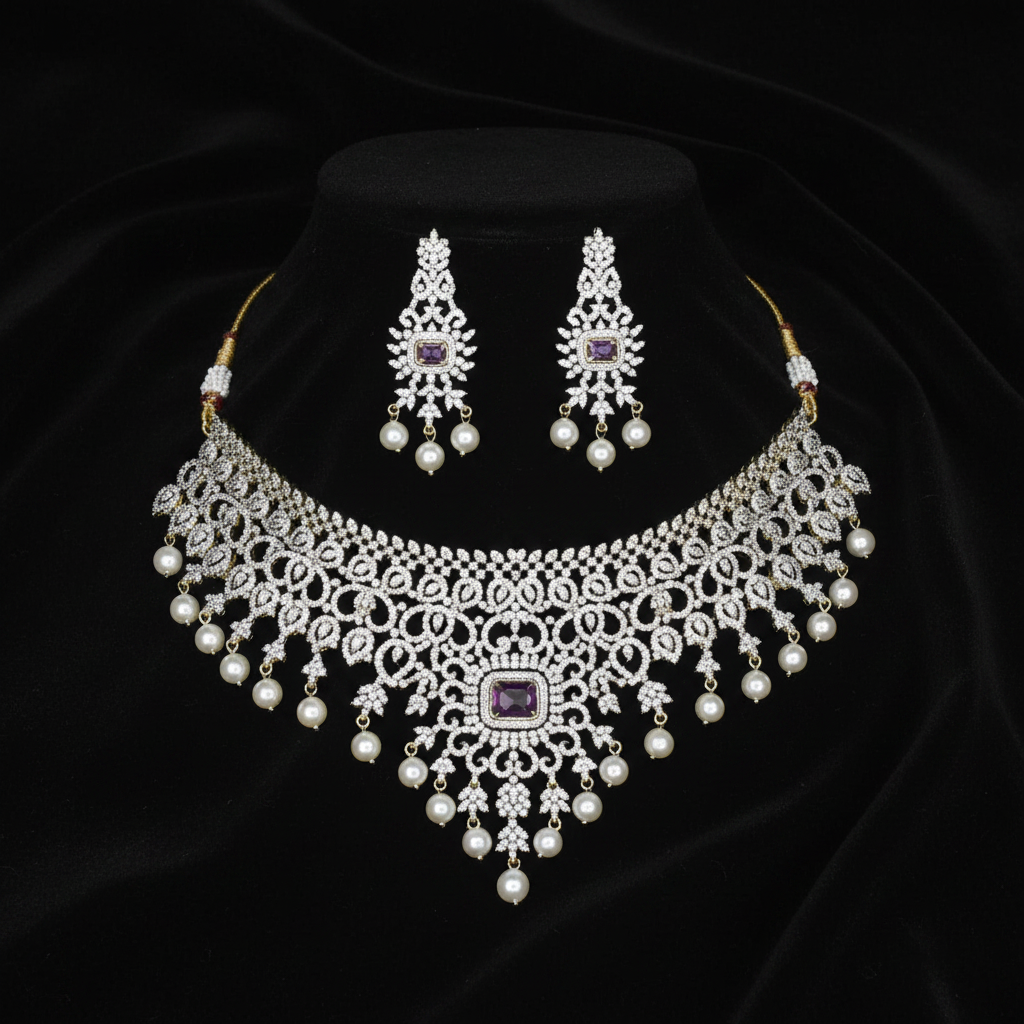 Diamond Pearl Necklace Purple - Flat Lay