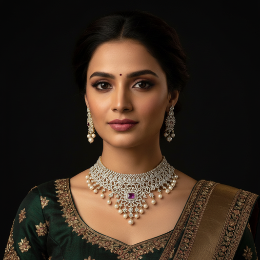 Diamond Pearl Necklace Purple - Model Wear