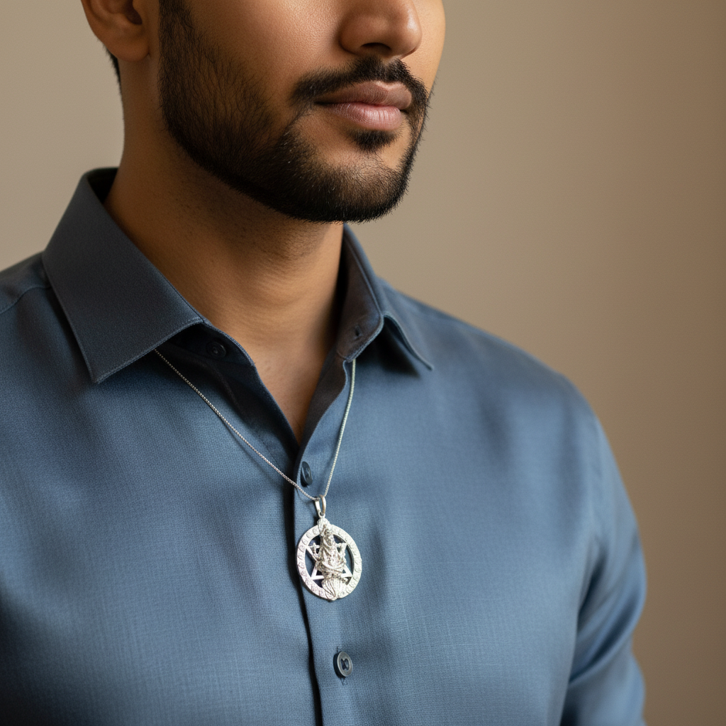 Elegant Male Model Wearing Silver Deity Pendant