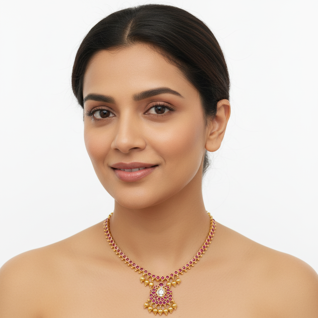 Elegant Model No Earrings Pink Ruby Necklace