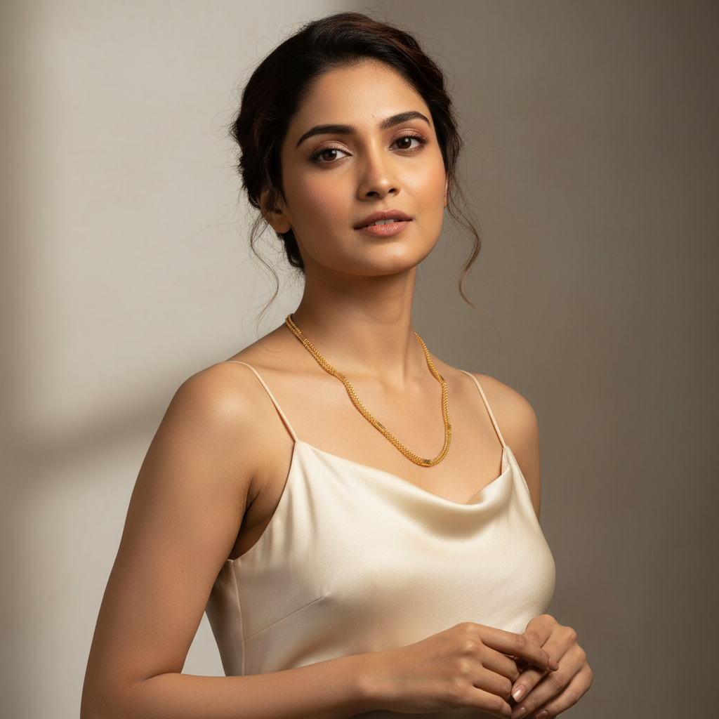 Elegant model wearing 24-inch gold chain necklace