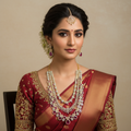 Elegant Model Wearing 3-Layered Ruby Haram Necklace Set