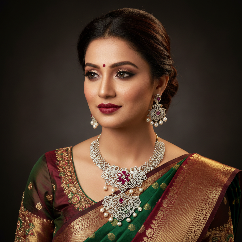Elegant Model Wearing American Diamond Haram Necklace Set