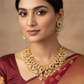 Elegant Model Wearing CZ Guttapusalu Necklace Set