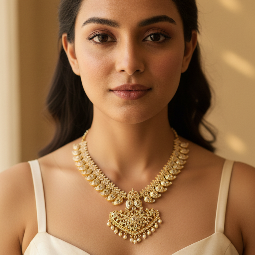 Elegant Model Wearing CZ Statement Necklace