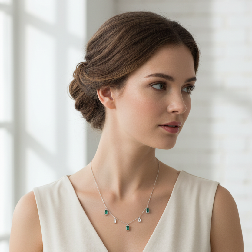 Elegant model wearing delicate emerald necklace