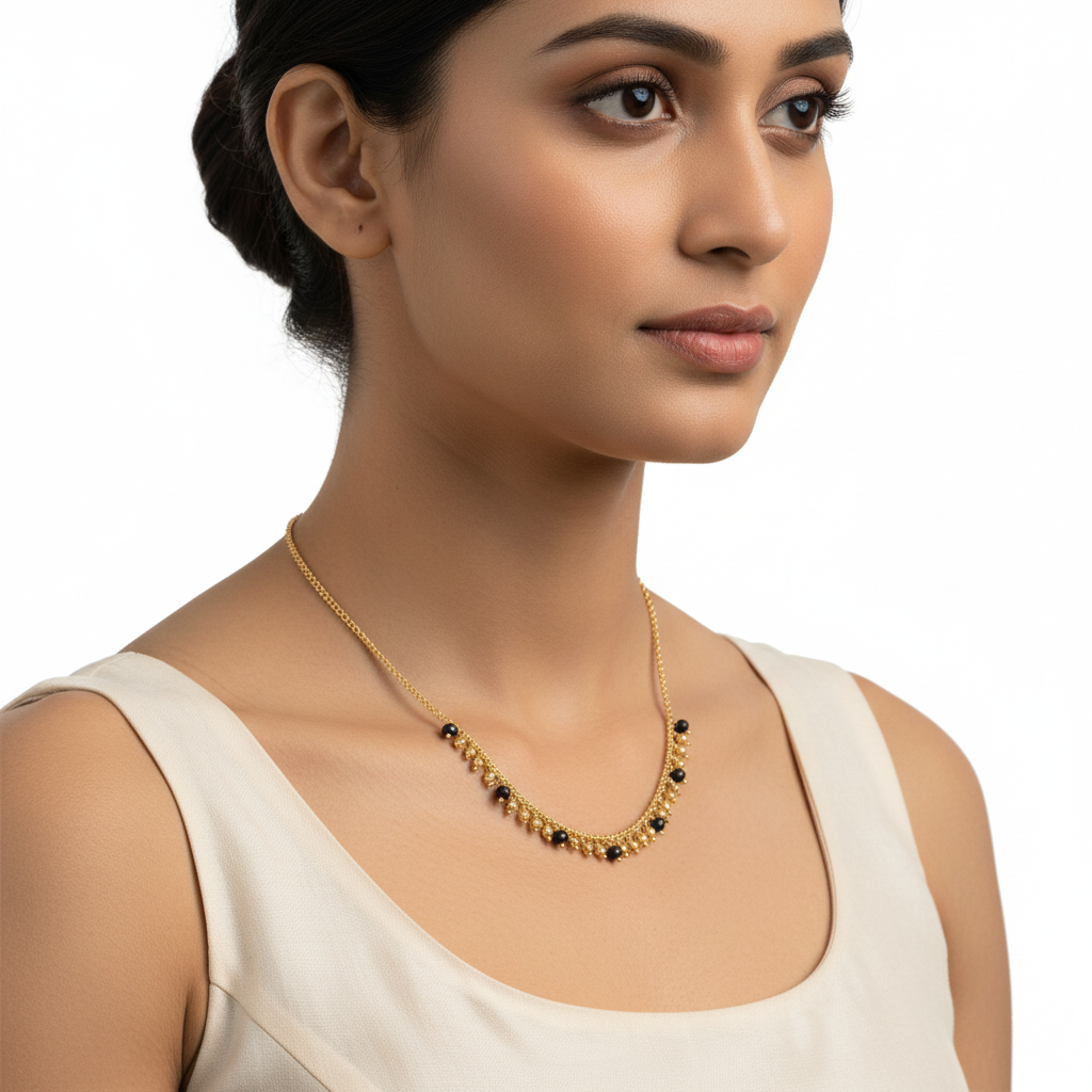Elegant model wearing delicate golden bead necklace
