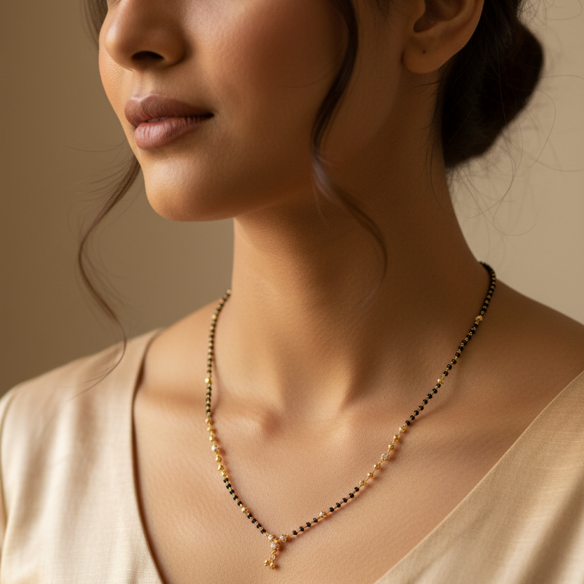 Elegant model wearing delicate mangalsutra necklace
