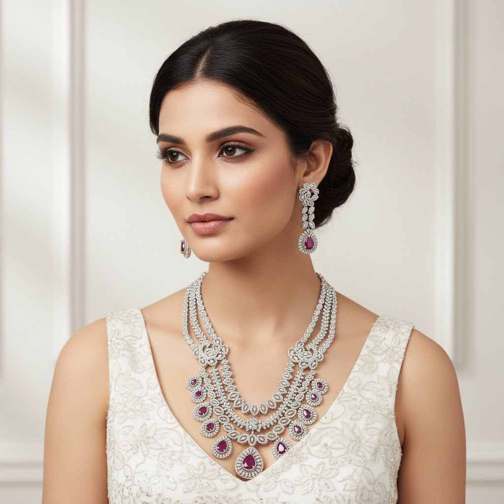 Elegant Model Wearing Diamond Ruby Necklace Set