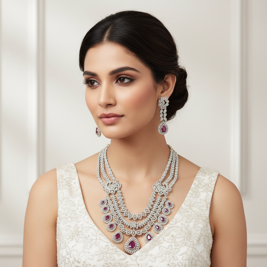 Elegant Model Wearing Diamond Ruby Necklace Set