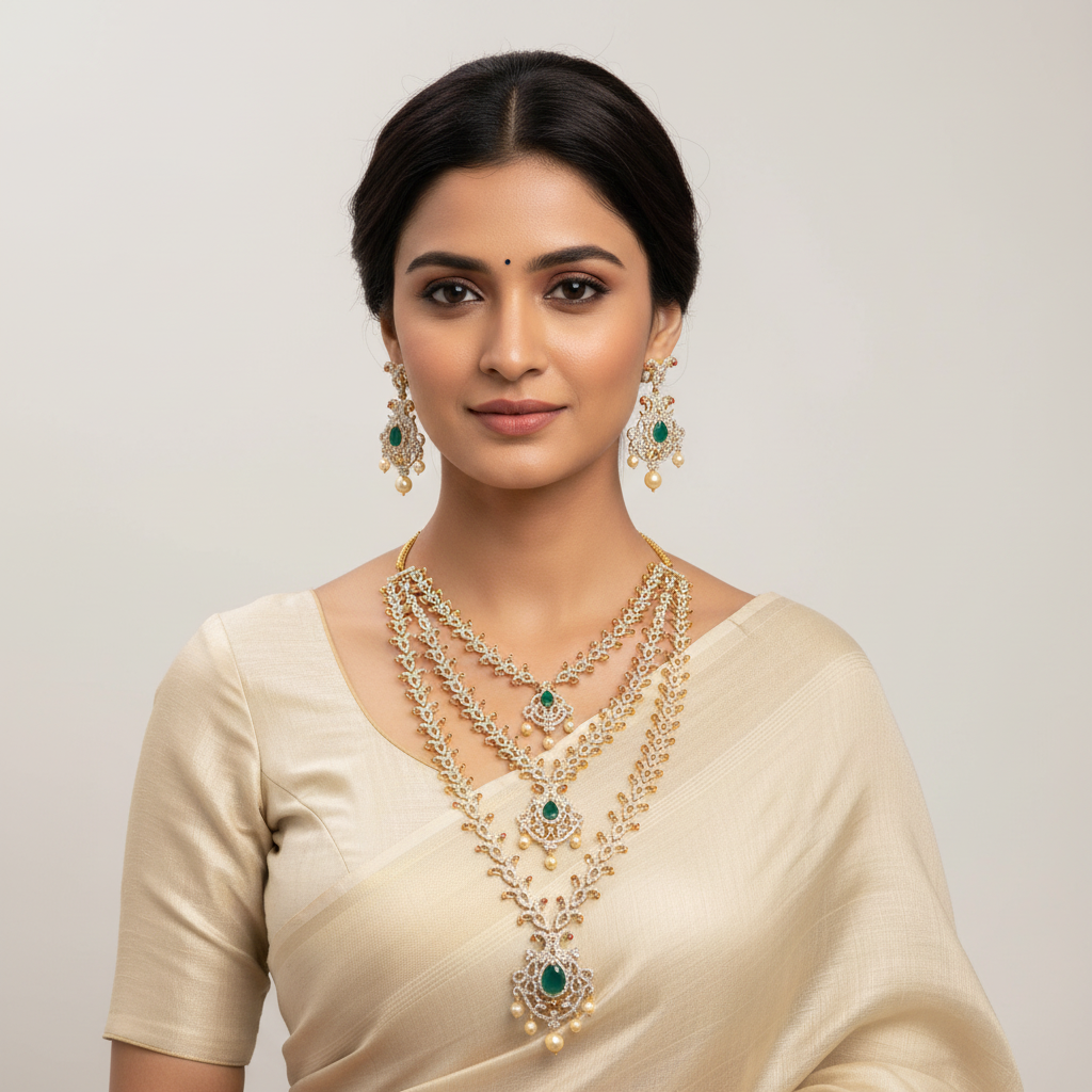 Elegant Model Wearing Emerald & CZ Diamond Haram Necklace Set