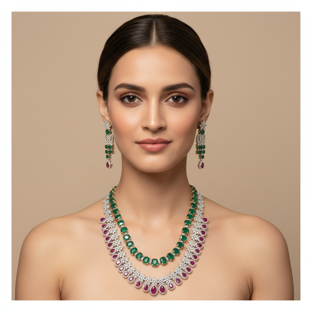 Elegant Model Wearing Emerald Ruby Necklace Set