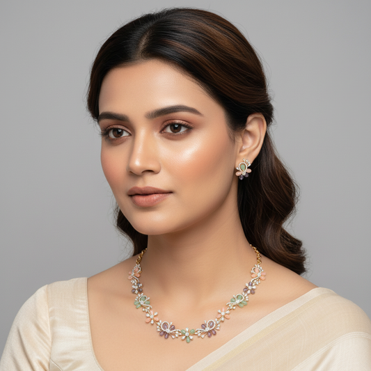 Elegant Model Wearing Floral Necklace Set