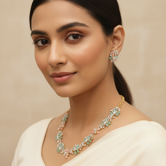 Elegant Model Wearing Floral Necklace Set