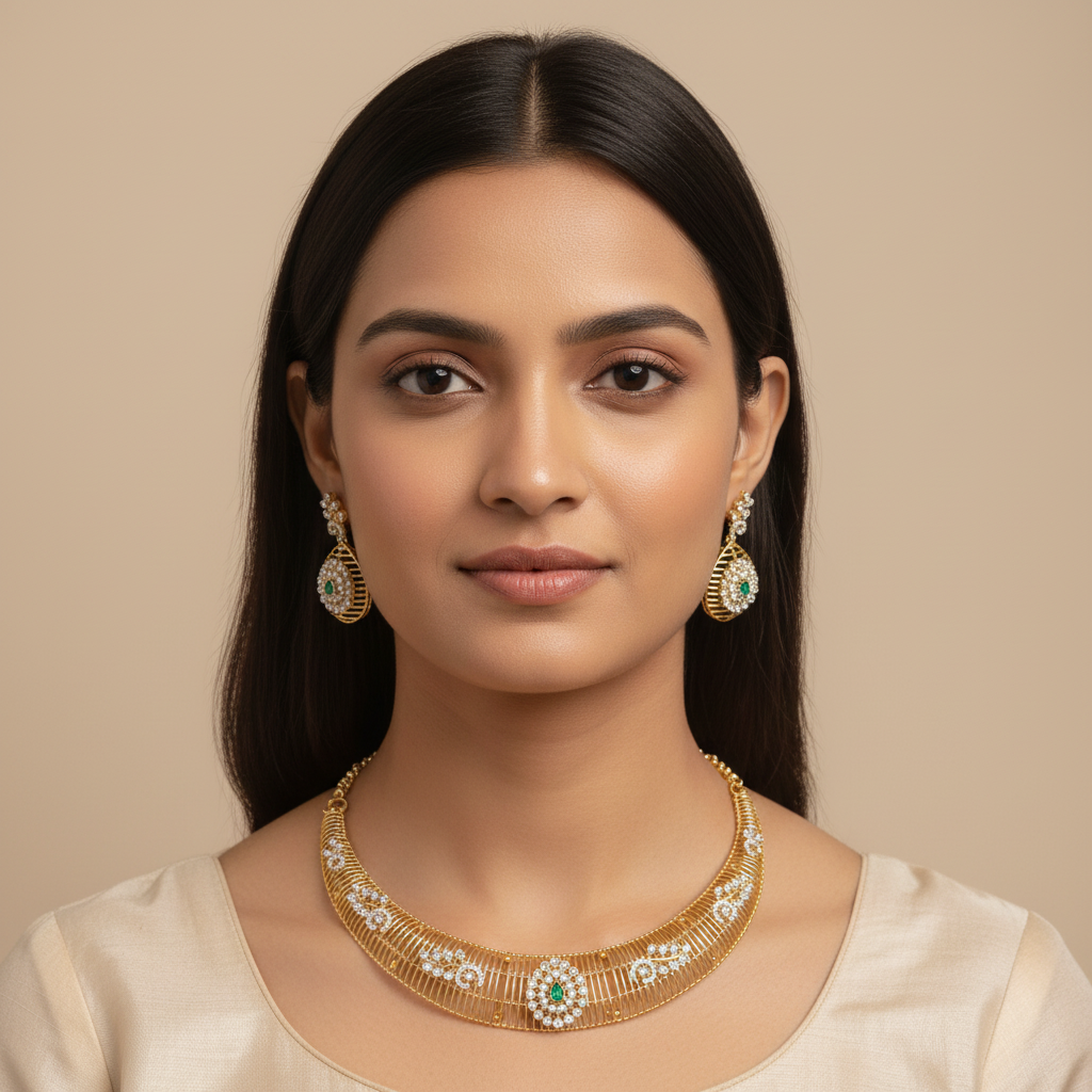 Elegant Model Wearing Gold CZ Necklace Set