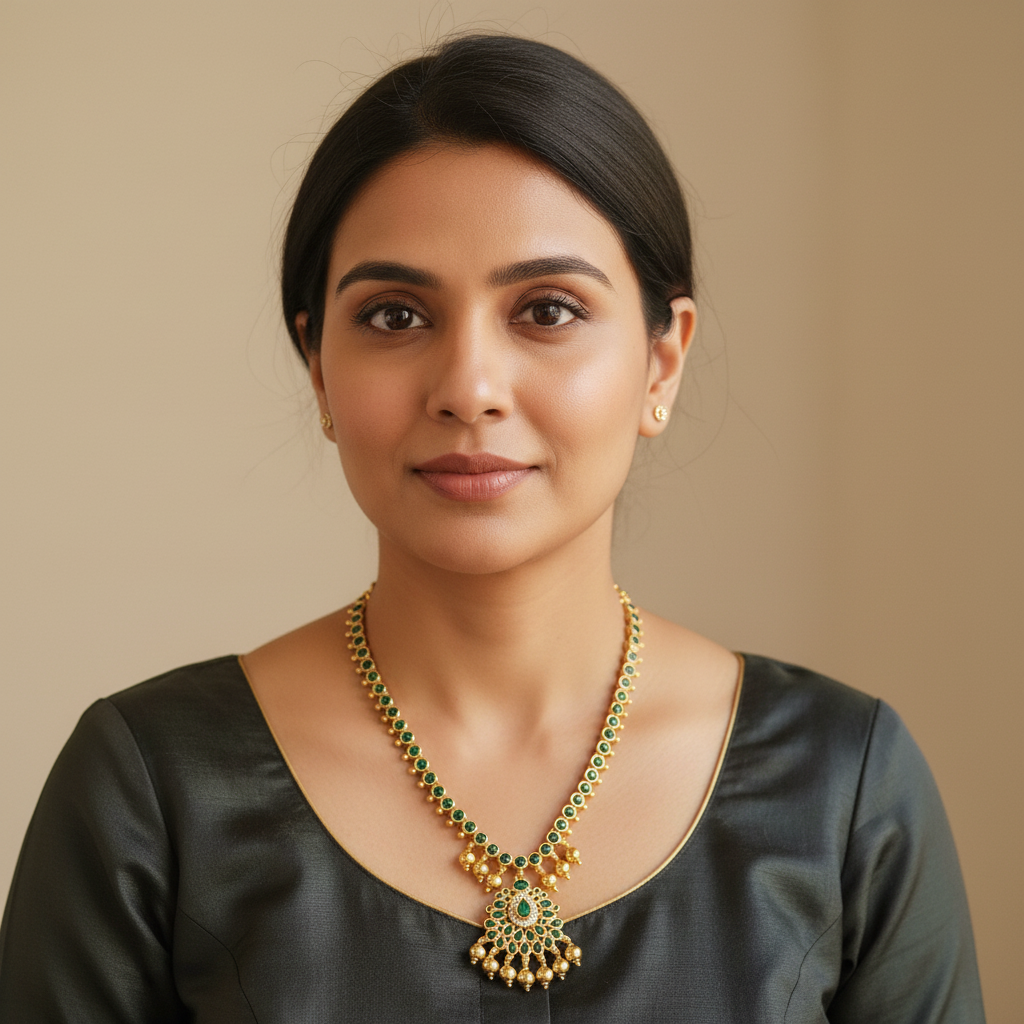 Elegant Model Wearing Green Stone Gold Necklace - No Earrings