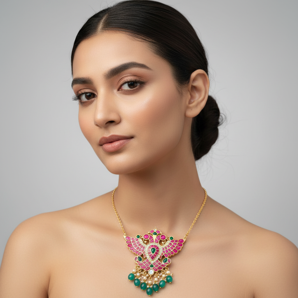 Elegant Model Wearing Kundan Peacock Pendant