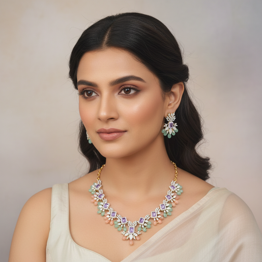 Elegant Model Wearing Lavender Gemstone Necklace Set
