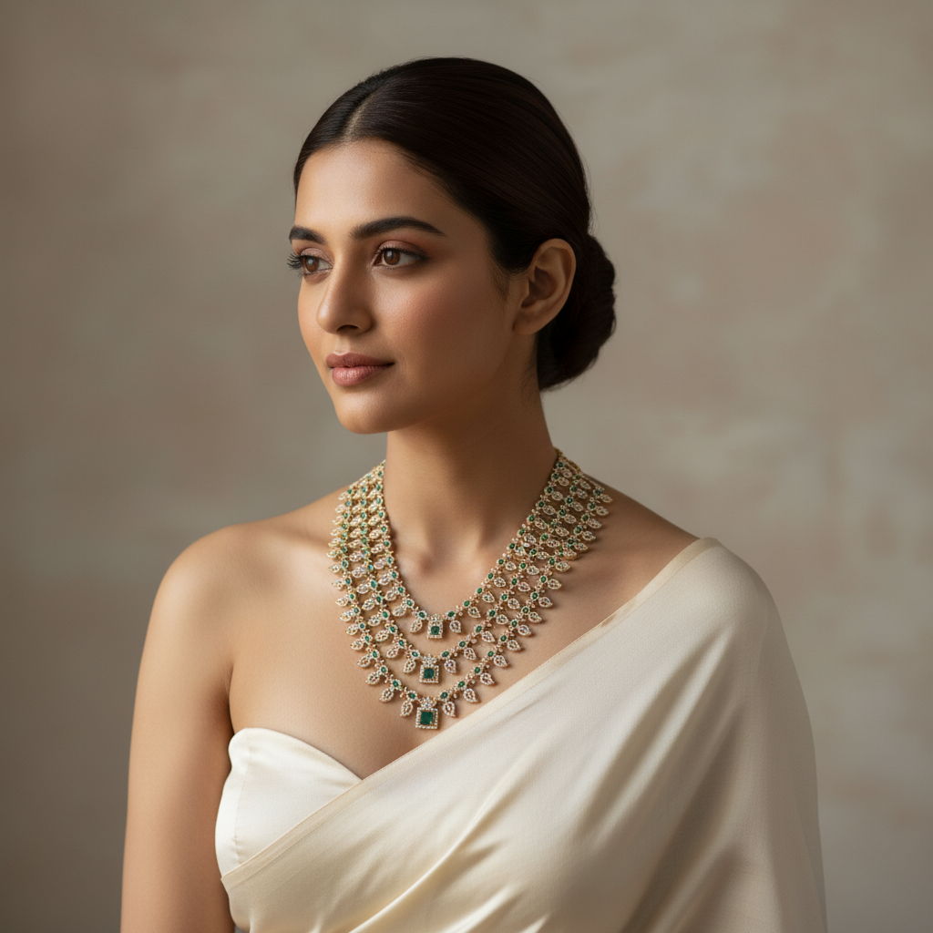 Elegant model wearing Layered Bridal American Diamond Emerald Haram necklace