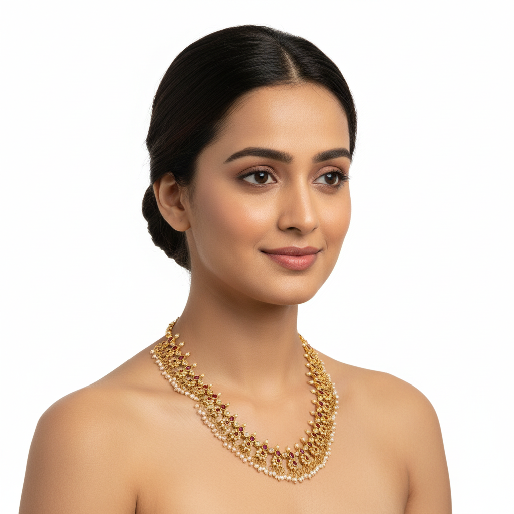 Elegant Model Wearing Long Necklace