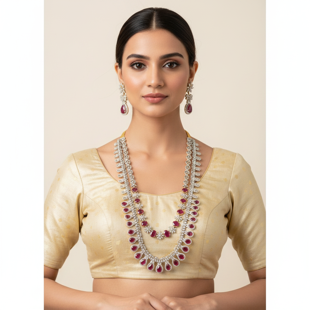 Elegant Model Wearing Long Ruby Haram Necklace Set