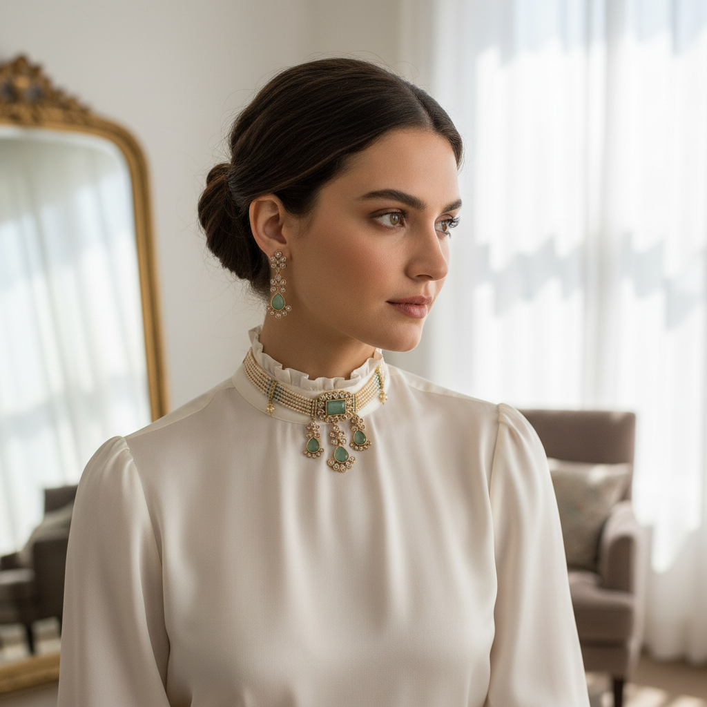 Elegant model wearing Pastel Green Victorian Diamond Pearls Choker Necklace Set