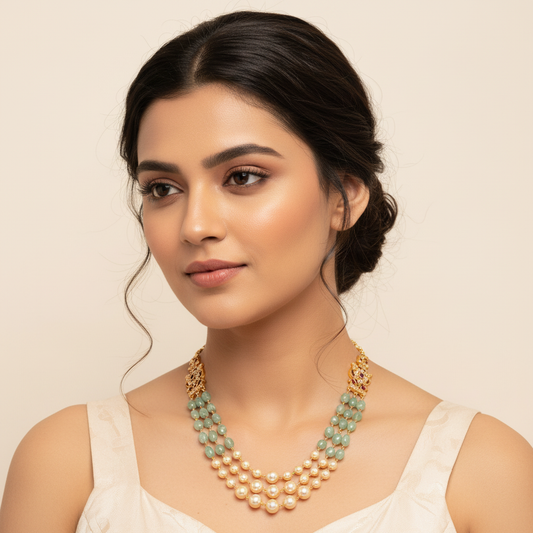 Elegant Model Wearing Pearl & Jade Necklace