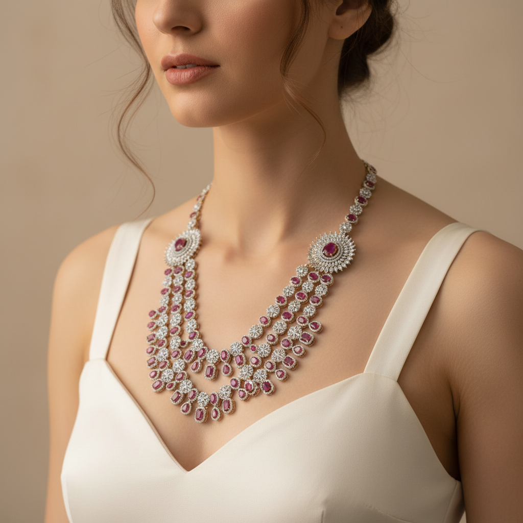 Elegant Model Wearing Ruby & Diamond Necklace
